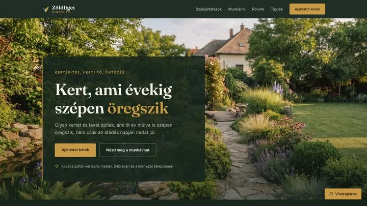 Zöldliget Kertépítő weboldal koncepció